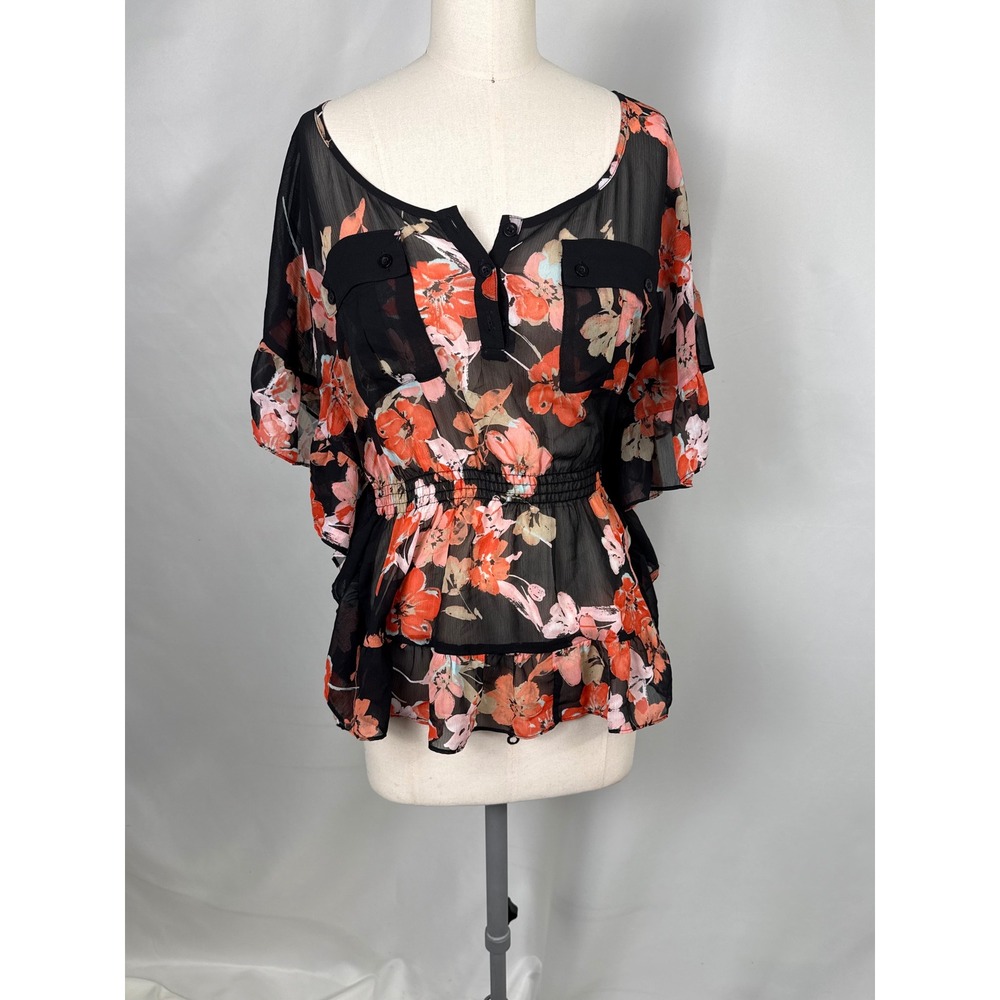Candies Medium Floral Sheer Peplum Blouse Y2K Feminine Romantic Whimsical Top